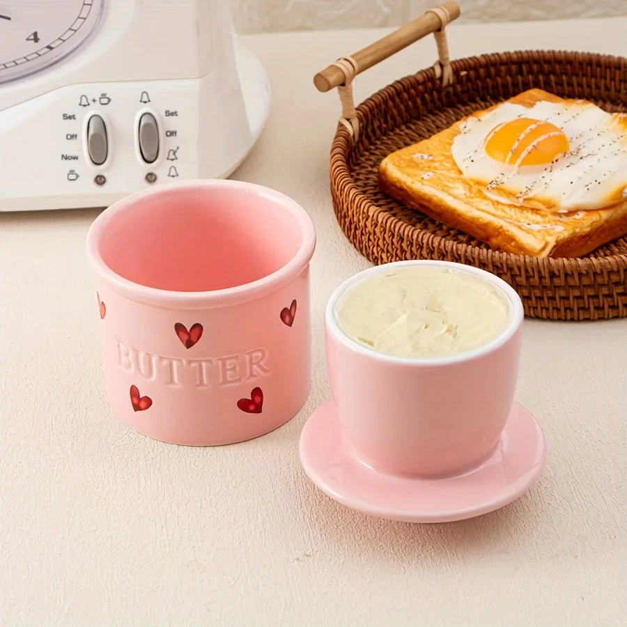 1pc Ceramic Butter Crock with Lid & Knife, Elegant Pink French Butter Crock Butter Dish for Spreadable Soft Butter, Porcelain Bu